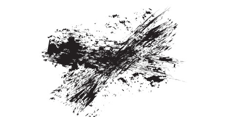Abstract Black Ink Splatter with Radial Brushstroke Texture on White.