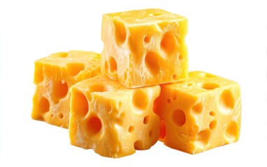 Stacked yellow cubes of porous cheese with large holes, isolated on white, showing a detailed texture and light shadows emphasizing its blocky form