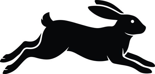 Minimal vector silhouette, rabbit running low and stretched, side profile, solid black