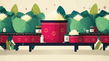 Kimjang Festival Table with Cabbage and Jars