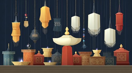Traditional Tibetan Prayer Lamps and Lanterns Illustration