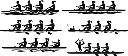 Rowing team black silhouette, teamwork, competitive rowing, boat racing, group exercise, rowing practice, water sports, athletic training, rowing competition, team effort