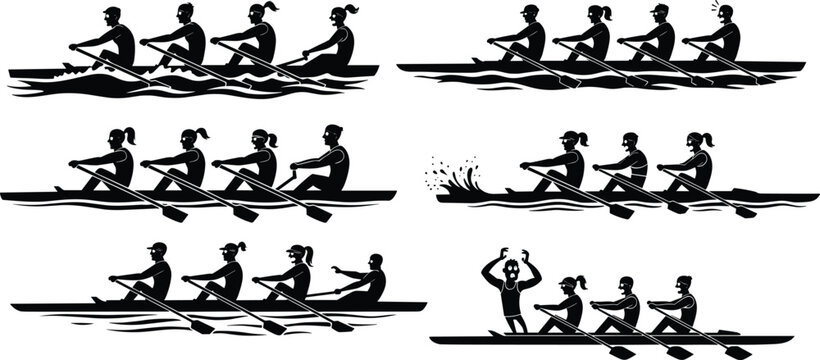 Rowing team black silhouette, teamwork, competitive rowing, boat racing, group exercise, rowing practice, water sports, athletic training, rowing competition, team effort
