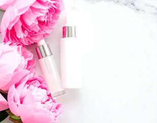 Pink peonies and skincare bottles on marble