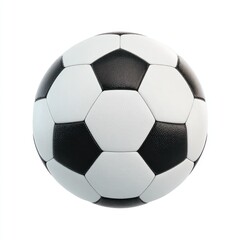 A classic soccer ball, featuring alternating black pentagons and white hexagons, is isolated against a clean white backdrop, showcasing its spherical shape