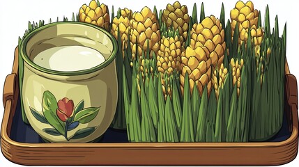 Style Rice Stalks and Sake on Tray