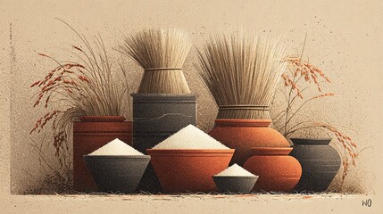 Traditional Harvest Scene with Rice Sheaves and Pots