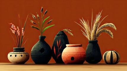 Rustic Vases with Harvest Grains and Flowers