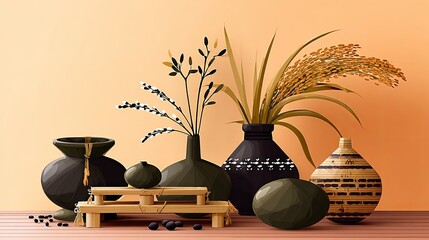 Elegant Harvest Decor with Rice Sheaves and Vases
