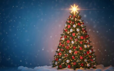 Christmas Tree with Ornaments Against a Winter Wonderland Backdrop; Perfect for Holiday Cards & Festive Decorations with Star Topper Glowing