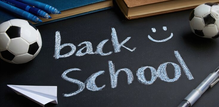 Back to school theme with books, pens, soccer balls, and paper airplane surrounding chalk-written text and a smiley face on a dark surface - Powered by Adobe