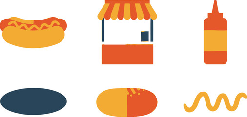 Hotdog Stand Elements Hotdog, Ketchup, Mustard, Stand, Bun on White Background