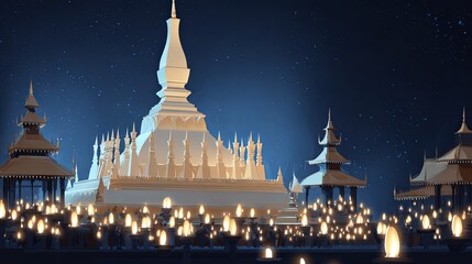 That Luang Festival at Night with Glowing Lanterns