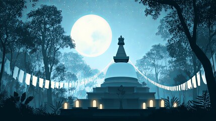 Serene Night at Buddhist Stupa with Full Moon