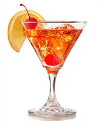 A clear glass martini with an orange cocktail with cherry on top, chilled with ice on a white background