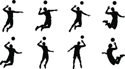Silhouette volleyball player jumping and spiking ball, male athlete in motion, sport action poses, volleyball game vector illustrations