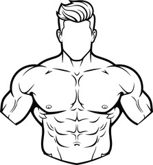 Black and white vector illustration of muscular male upper body anatomy with defined abs, chest, arms, shoulders, and fitness physique
