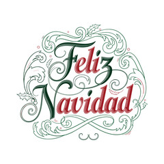 Feliz Navidad ornate lettering with holly and swirls