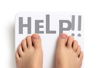 Bare feet stand on a scale displaying "HELP!!" in gray letters against a white background, suggesting weight concerns and a plea for assistance