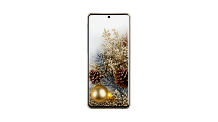 Smartphone displaying festive winter scene gold ornament pine cones