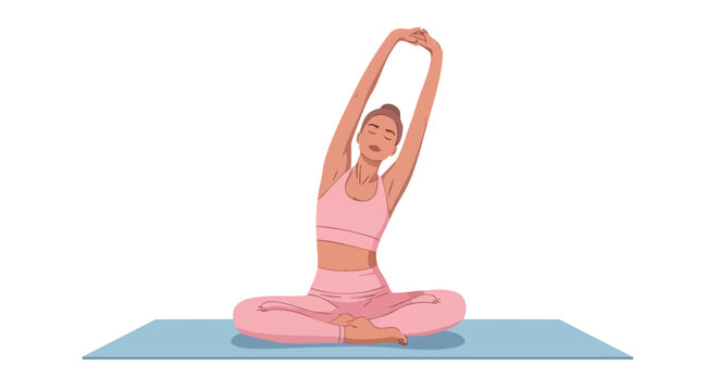 Vector illustration of a woman in pink sportswear doing a seated side bend on a yoga mat.