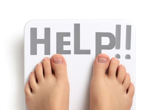 Bare feet stand on a scale displaying "HELP!!" in gray letters against a white background, suggesting weight concerns and a plea for assistance
