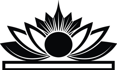 Black and white vector illustration of symmetrical emblem with oval center, crystal shards, leaf shapes, geometric decorative design and ornamental pattern