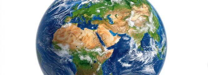A digital image of Earth, showcasing continents, blue oceans, and swirls of white clouds, against a white backdrop, highlighting its diverse geography