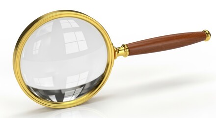Magnifying Glass with Wooden Handle on White Background.