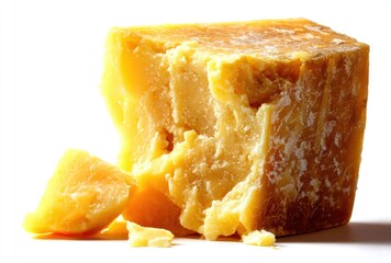 Close-up of a block of yellow cheese, some broken pieces on the side, casts a shadow, against white background, food photography