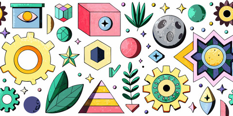 Whimsical geometric shapes and celestial elements in a colorful pattern