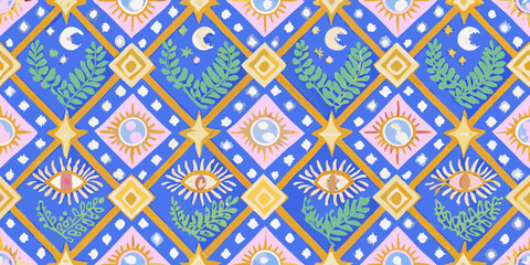 Whimsical celestial pattern with eyes moons stars and sun motifs on a blue background