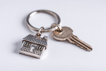 Silver key chain with a small house pendant and a key, isolated on white background. Crisp, clean, studio shot