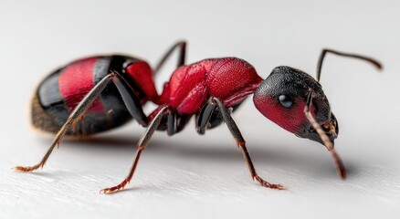 Detailed macro shot of a red and black ant standing on a textured white surface, captured with shallow depth of field