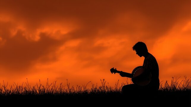 Silhouette of a person sitting in a grassy field playing a banjo against a vivid orange cloudy sky at dusk or dawn - Powered by Adobe