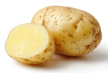 A raw, unpeeled potato with brown spots, next to a half cut potato, revealing its light-colored interior, on a white background with soft shadows