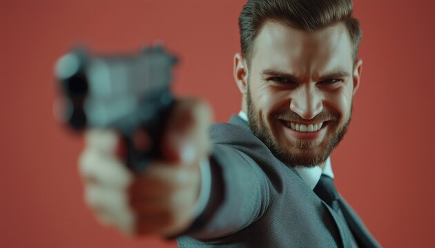 Male Hitman With Gun Smirking In A Neat Suit. Adult Male Assassin Posing With Handgun. Criminal Killer In Formal Attire.