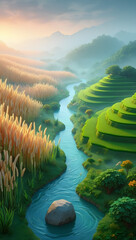 Serene Sunrise: Tranquil River Flows Through Lush Rice Terraces and Golden Wheat Fields