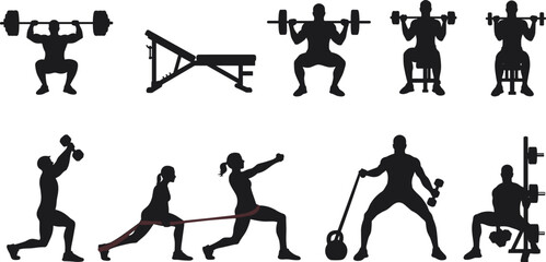 Silhouettes of people performing various strength training exercises with weights, resistance bands, and gym equipment showcasing fitness and workout routines.