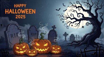 Fototapeta premium Spooky Halloween 2025 scene with glowing jack o lanterns in a creepy graveyard.