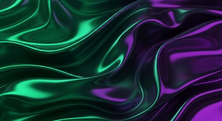 Obraz premium Abstract flowing liquid metal background with green and purple reflections.