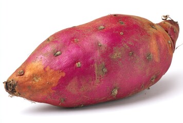 A slightly elongated sweet potato, predominantly pinkish-red with rough skin and brown patches, is isolated against a white backdrop, softly lit