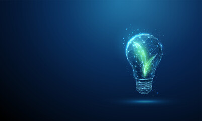 3d light bulb with green leaves inside. Eco friendly innovation, sustainable energy, green technology, energy, environmental solutions concept.