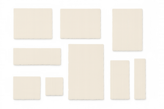 Different sizes of blank paper sheets with torn edges creating a collage on a transparent background