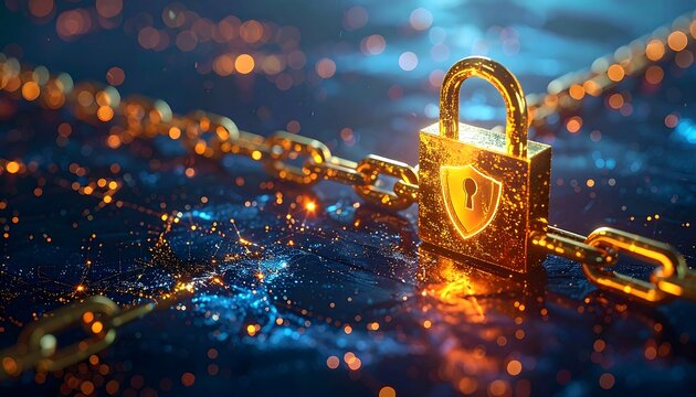 Gold padlock and chains on a dark surface