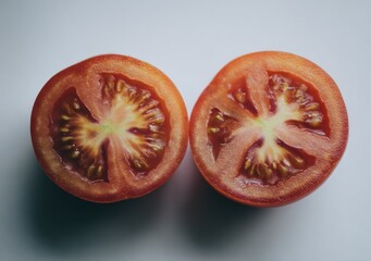 Sliced tomato halves display vibrant red flesh and seeds on a plain backdrop. The cut reveals the fruit's structure with detailed internal partitions