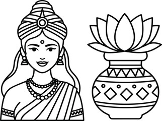 Black and white vector illustration of traditional woman with decorative lotus flower pot, cultural art, heritage, spirituality, and ornamental design concepts