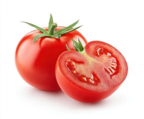 Two tomatoes, one whole, one halved, revealing fleshy interior, stand against a white background. Light reflects, enhancing color
