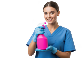 Woman in blue scrubs holding pink spray bottle isolated on transparent background