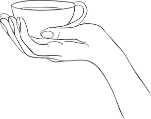 A minimalist line drawing of a hand elegantly holding a small cup for beverages.
